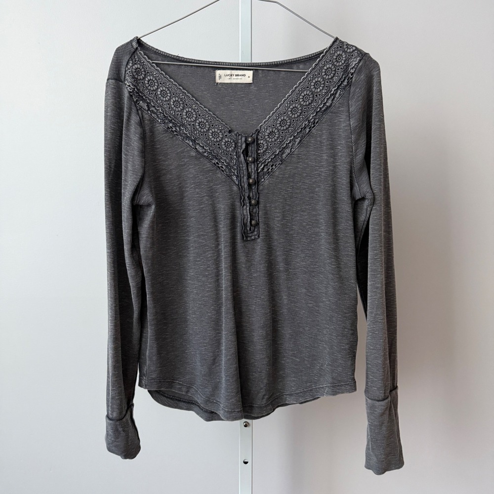 Lucky Brand Gray Long Sleeve Lace Trim Henley Top